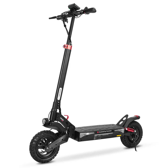 Circooter electric scooter with a 48V peak 1000W brushless hub motor, upgraded front swing arm suspension, and off-road hollow tires, folded for easy storage. Perfect for both daily commuting and off-road adventures.