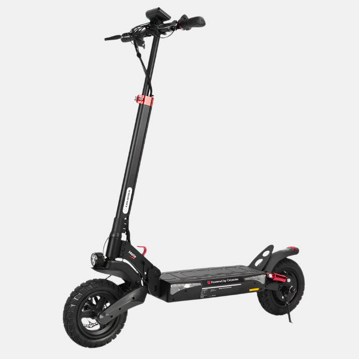 Circooter electric scooter with a 48V peak 1000W brushless hub motor, upgraded front swing arm suspension, and off-road hollow tires, folded for easy storage. Perfect for both daily commuting and off-road adventures.