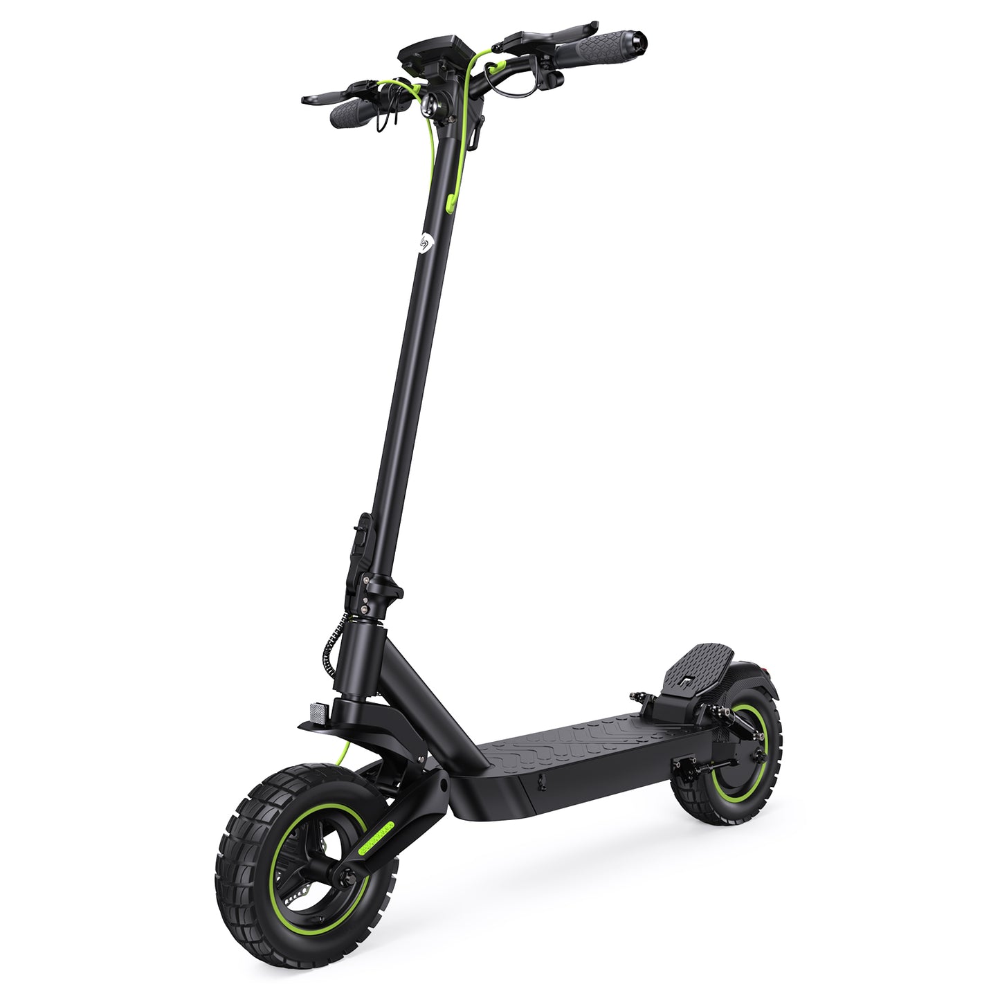 
iSinwheel S10 Max 1000W electric scooter with a powerful 1000W motor, front and rear suspension, large 10" pneumatic tires, and a sleek design, perfect for smooth rides and off-road adventures.